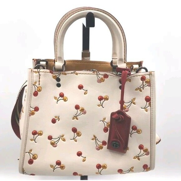Coach Rogue 25 in Glitter Multi Cherries Print Chalk And Red Leather Bag 21636 - Picture 1 of 8